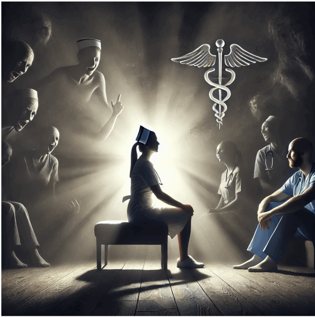 A woman meditates surrounded by shadowy figures and a medical symbol above.