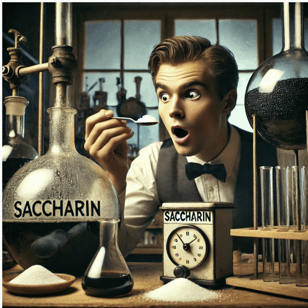 Man amazed by sugar in a vintage lab setting.