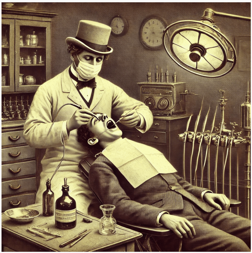 Vintage dental clinic scene with a dentist examining a patient.