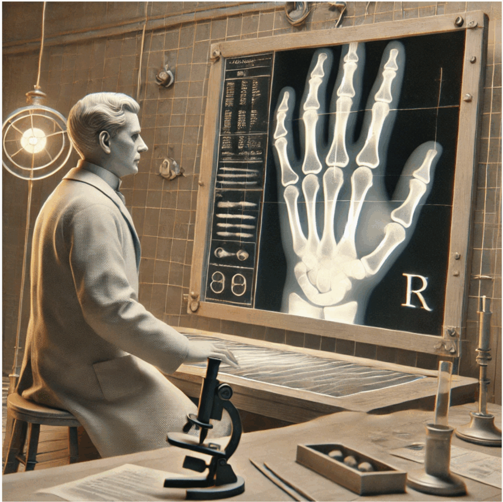 A scientist examines an X-ray of a right hand in a vintage lab.