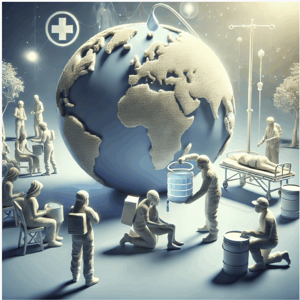 Digital figures interacting with a glowing globe and chess pieces.