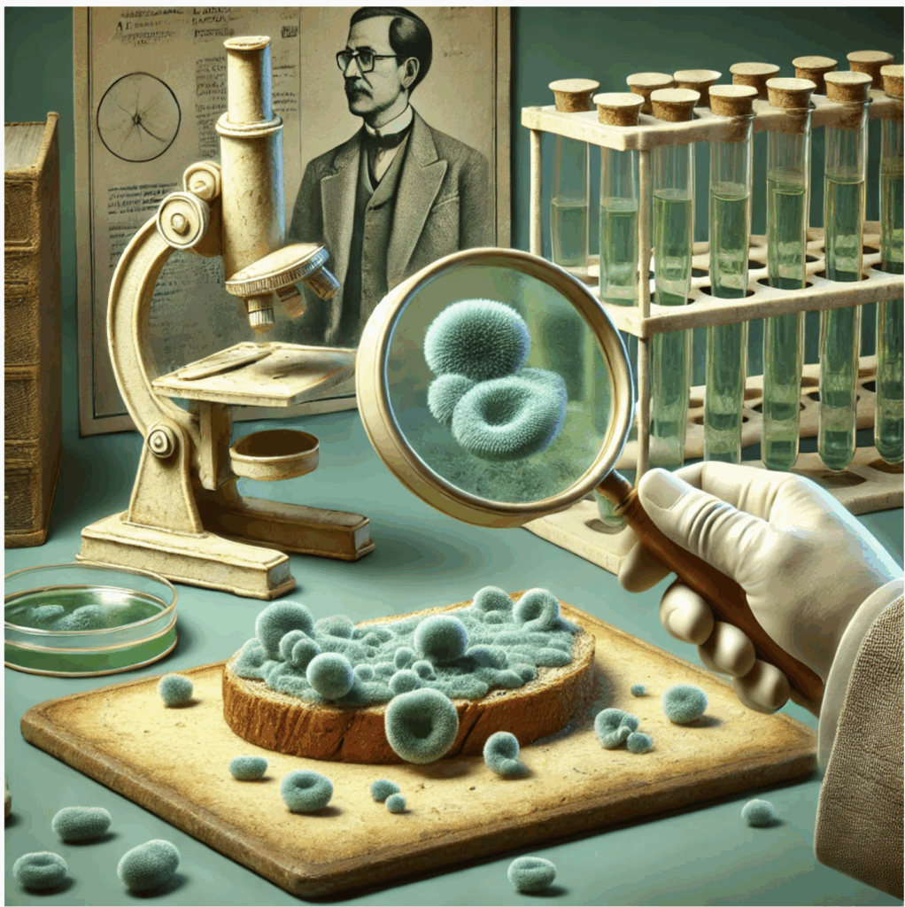 Vintage scientist examining microorganisms with a microscope and magnifying glass.