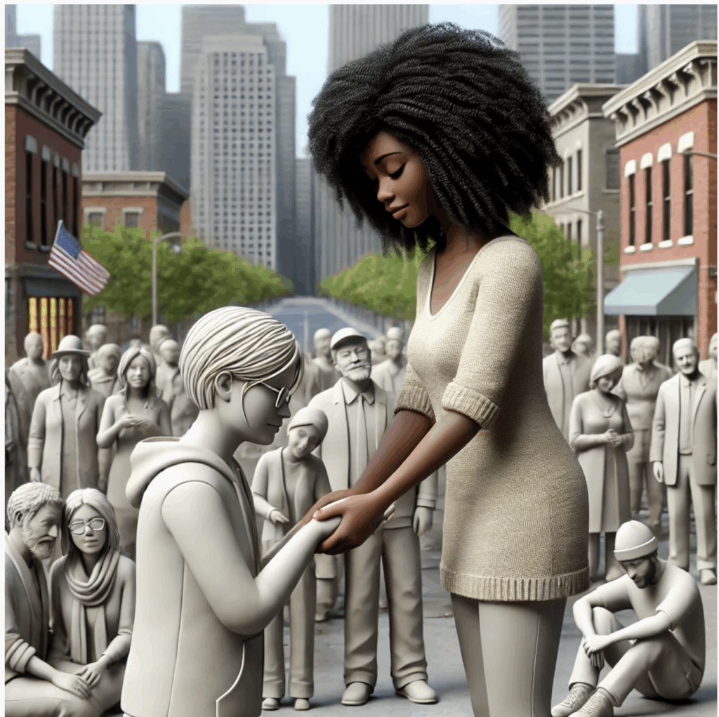 A man kneels proposing to a woman amidst a monochrome crowd.