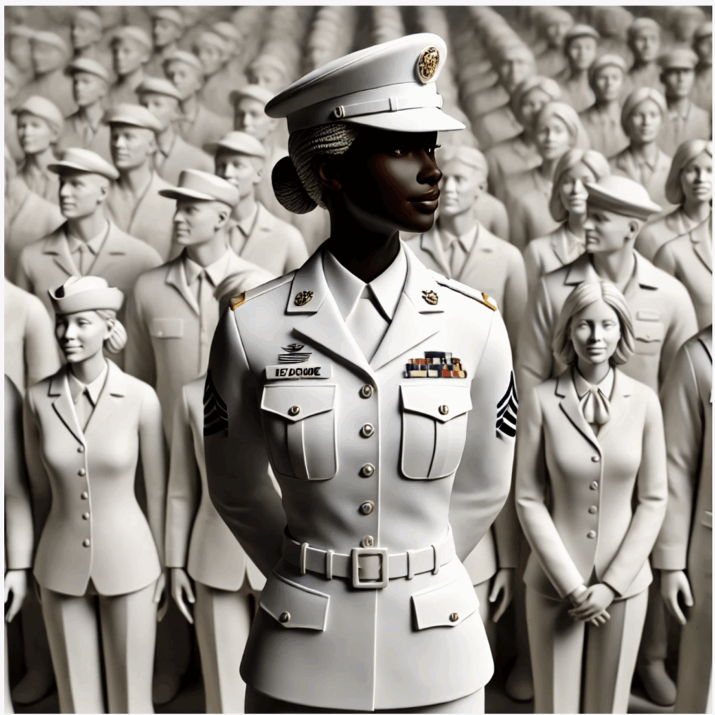 A confident female military officer stands out among uniformed figures.