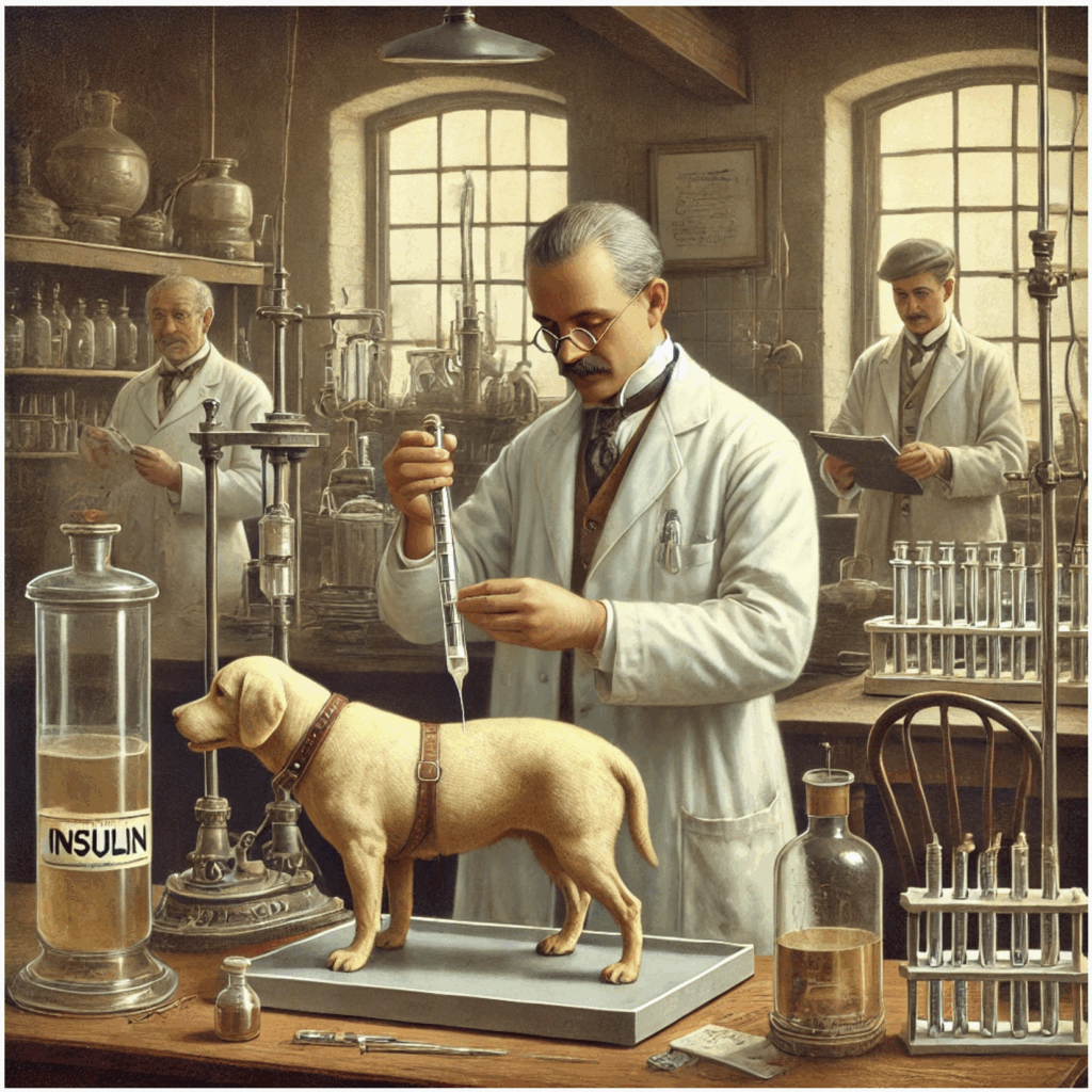 Veterinarians examining a dog in a vintage lab setting.