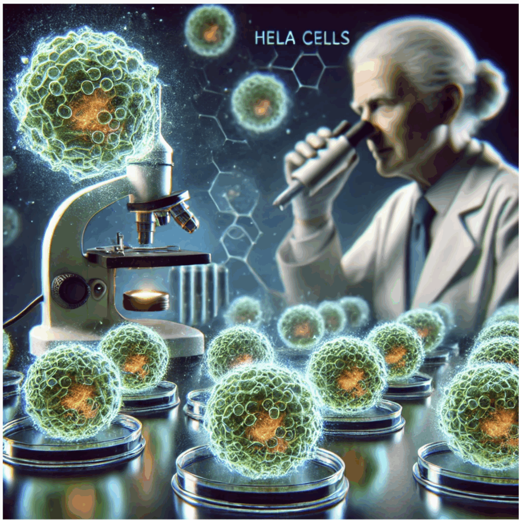 Scientist examining HeLa cells under a microscope in a lab.