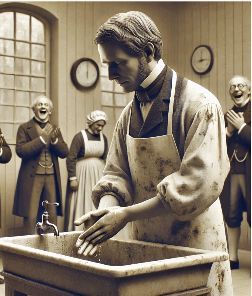 A man washing his hands in a historical setting with onlookers.