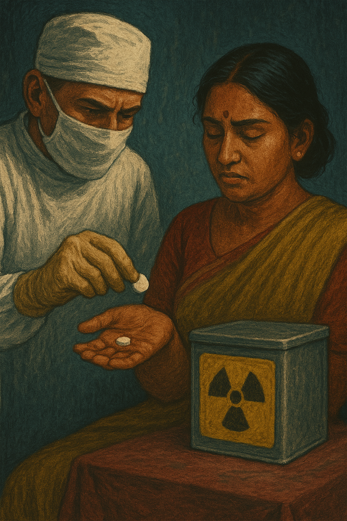 A doctor gives pills to a worried woman beside a radioactive container.