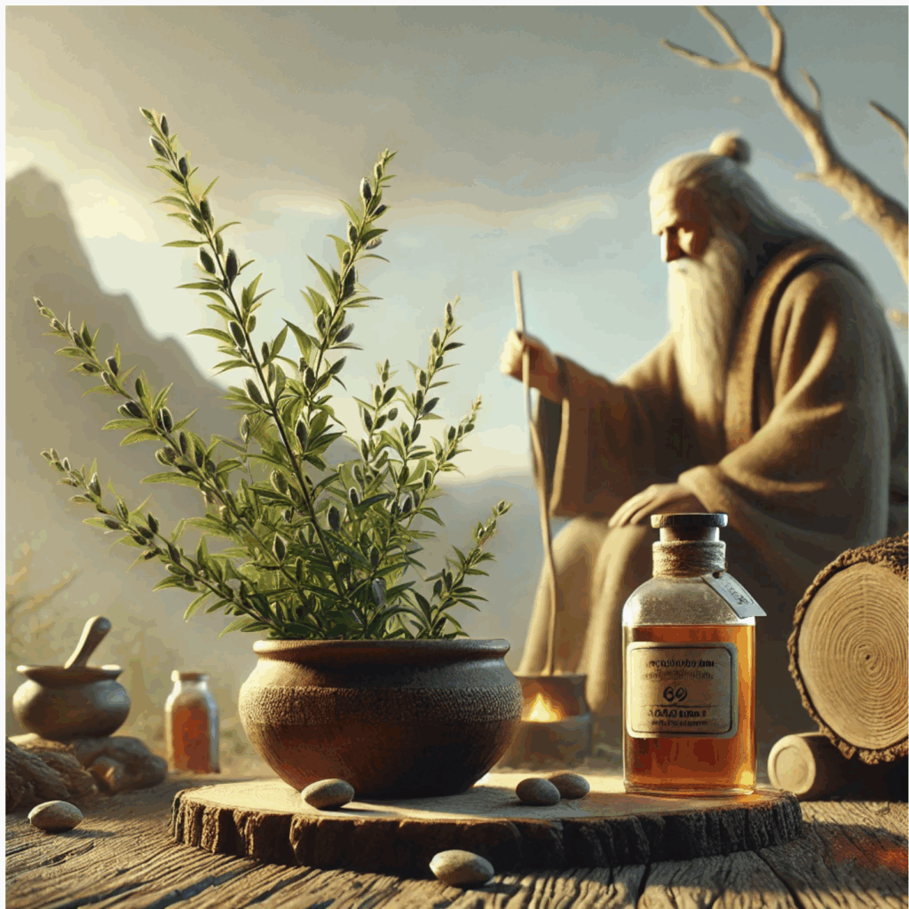 An elderly sage tending a mystical plant with ancient artifacts around.