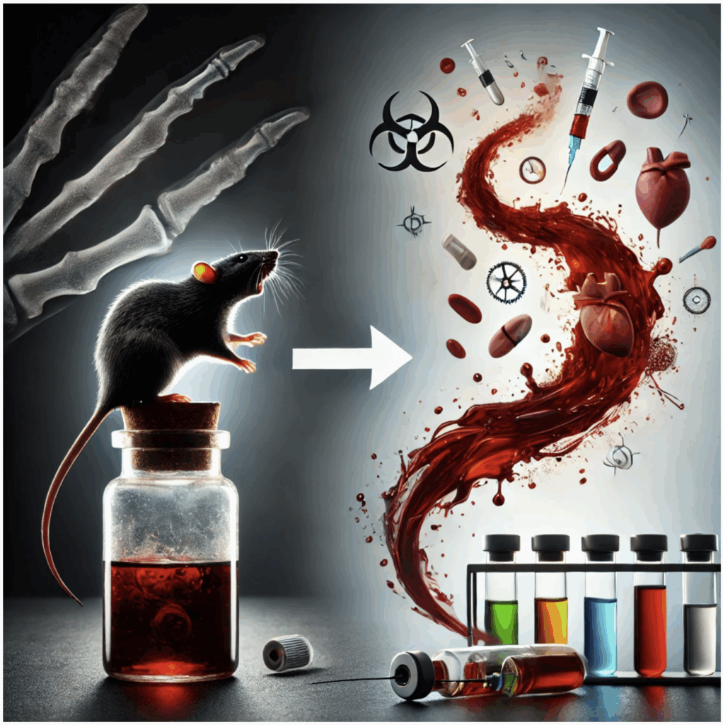 Rat in a vial transforming into a virus, symbolizing disease research.