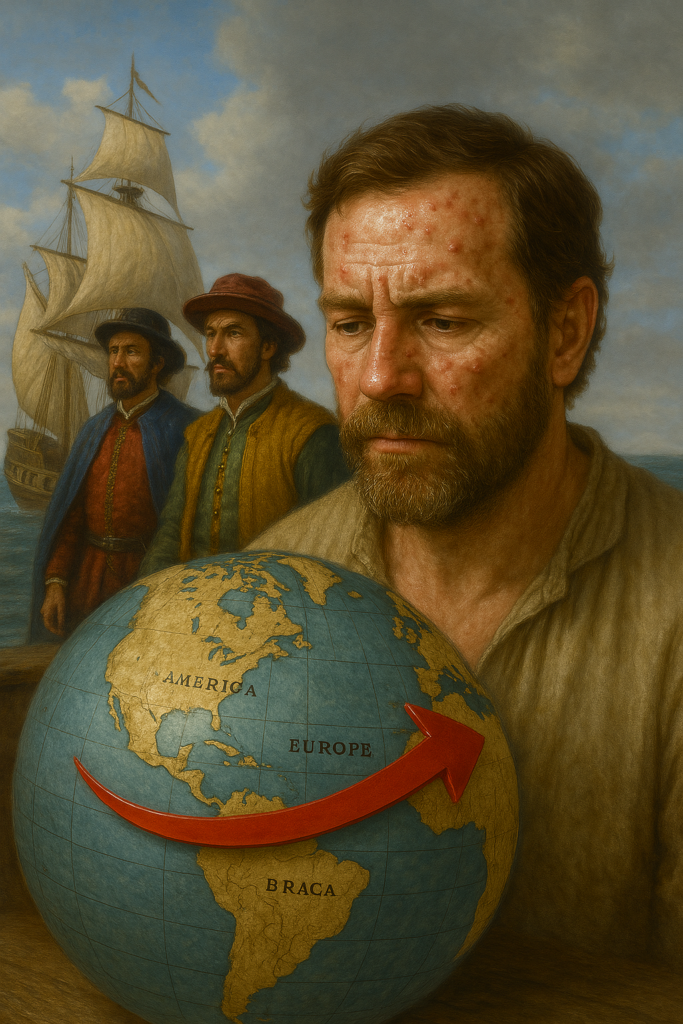 A man intensely studies a globe with explorers in the background.