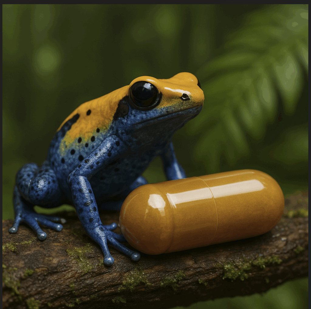 A colorful poison dart frog next to a large capsule on a branch.