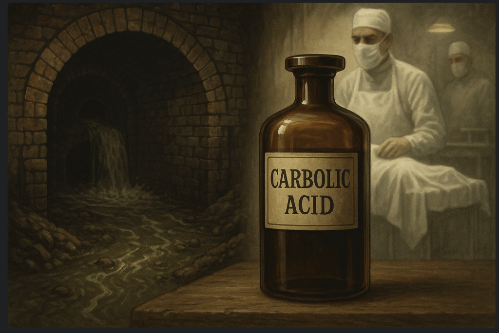 A vintage brown bottle labeled 'Carbolic Acid' on a wooden table with a masked figure in the background.