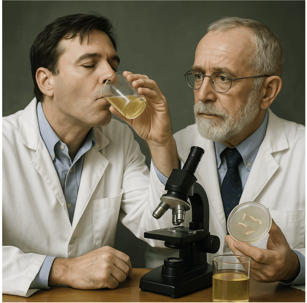 Two scientists examining a sample in a lab with a microscope.