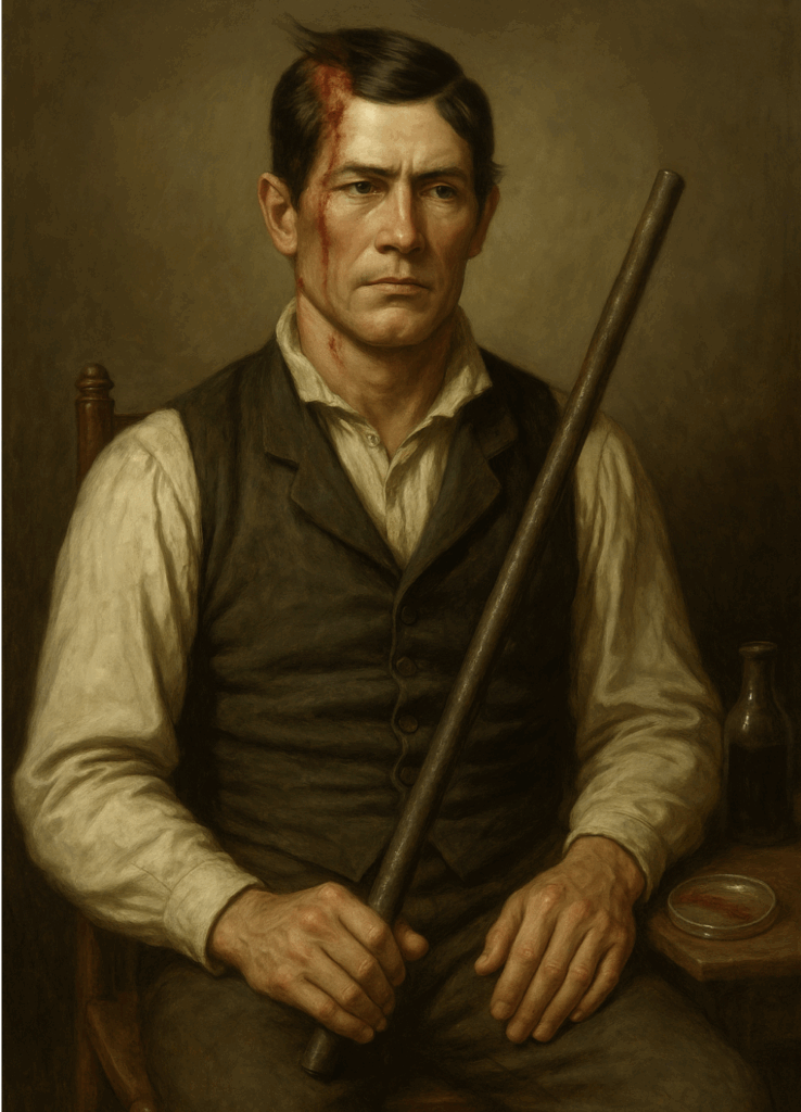 A serious man holding a pool cue in a dimly lit room.