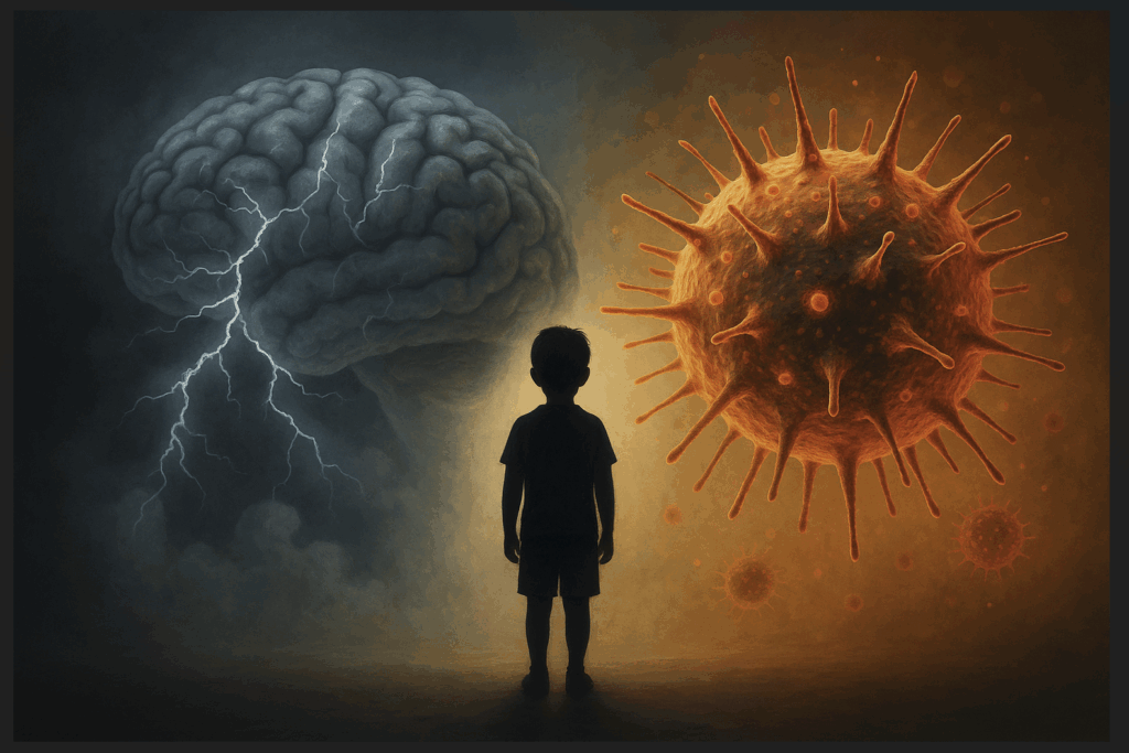 A child stands between a giant brain and a virus.