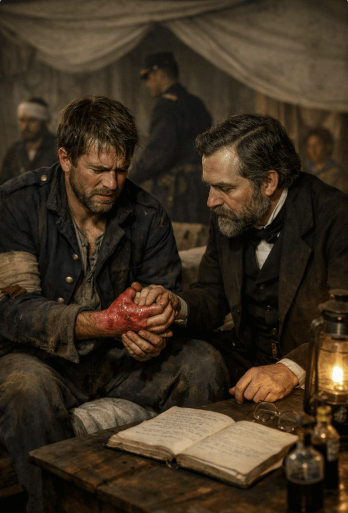 Two men intensely examining a bloody heart indoors by lamplight.