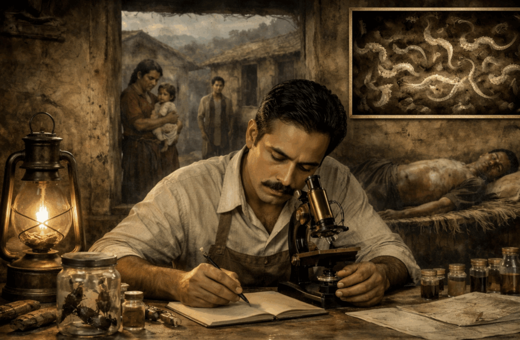 A scientist studies samples with a microscope in a vintage lab.